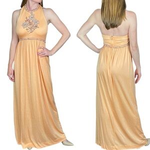 VINTAGE SAKS FIFTH AVE YOUNG DIMENSIONS 60s 70s ORANGE BEADED HALTER MAXI DRESS
